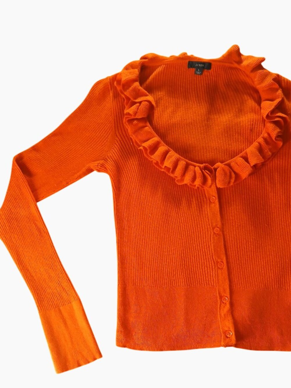 J Crew Womens Orange Silk Cashmere Blend Ruffle Cardigan Sweater Size L Fall - Picture 4 of 11